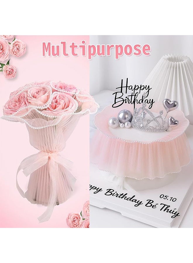 Happy D 4-yard 28cm pink bouquet wrapping mesh paper with pearl-edged wrinkled wavy mesh, suitable for DIY crafts, Valentine's Day, Mother's Day, weddings, and florist supplies - Image 2